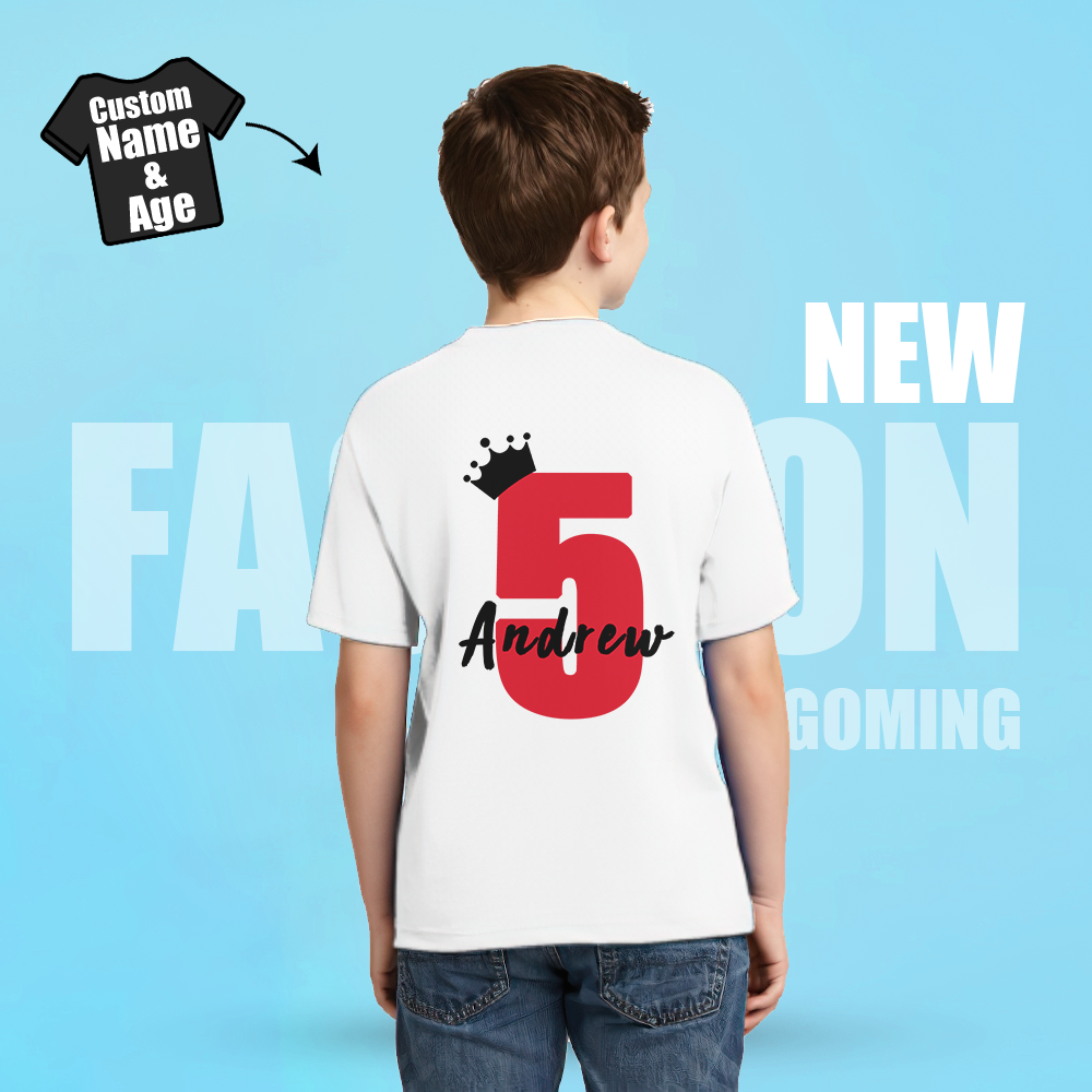 カスタム名前と年齢クラウンホワイトTシャツ子供用Tシャツカスタム子供服誕生日ギフト