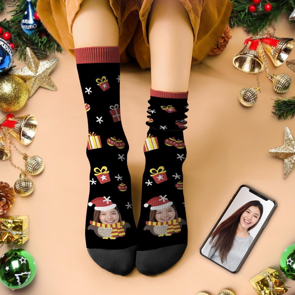 カスタムフェイスソックス-写真入り可能なオリジナルクリスマス靴下-ペンギン柄