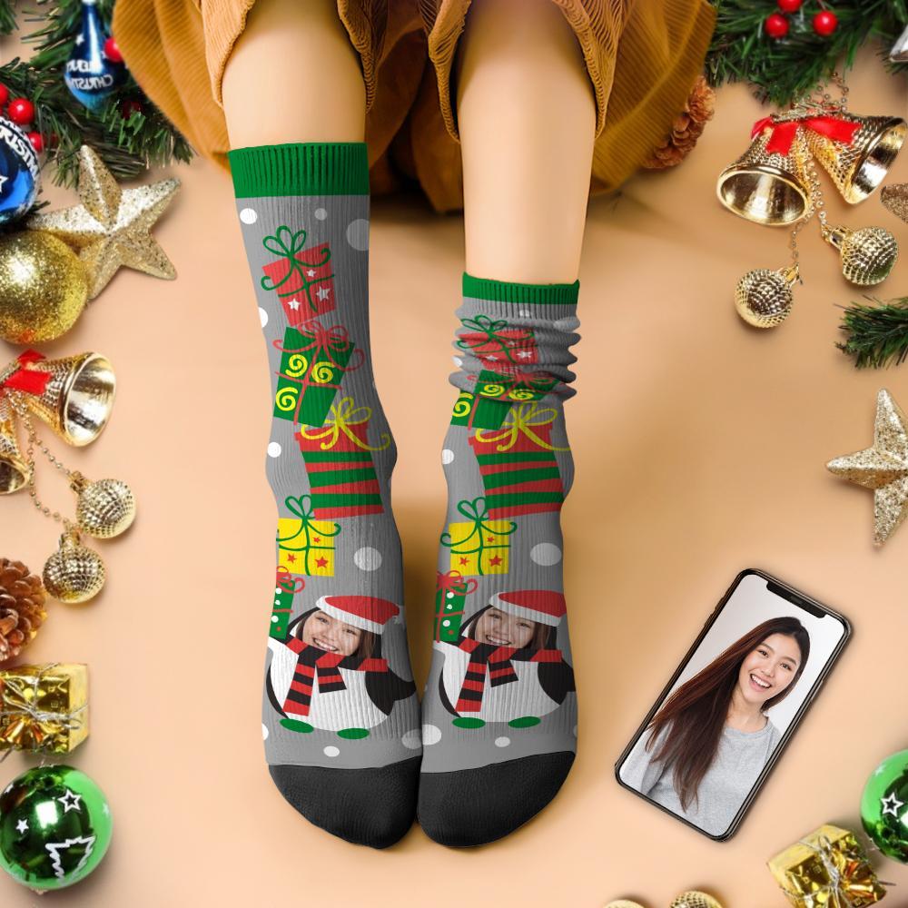 カスタムフェイスソックス-写真入り可能なオリジナルクリスマス靴下-可愛いペンギン柄