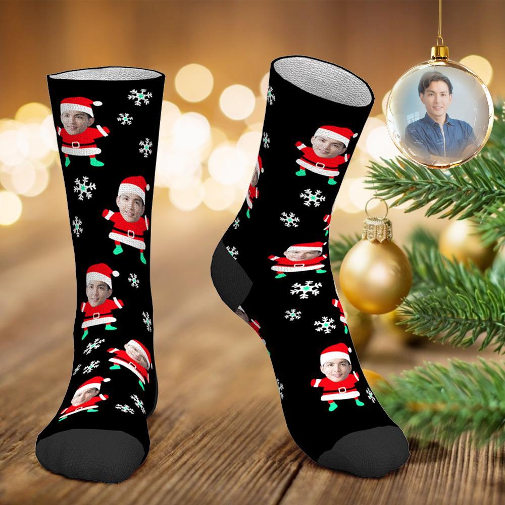 カスタムフェイスソックス-写真入り可能なオリジナルクリスマス靴下-雪とサンタ