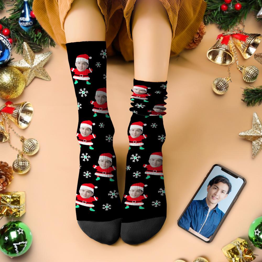 カスタムフェイスソックス-写真入り可能なオリジナルクリスマス靴下-雪とサンタ