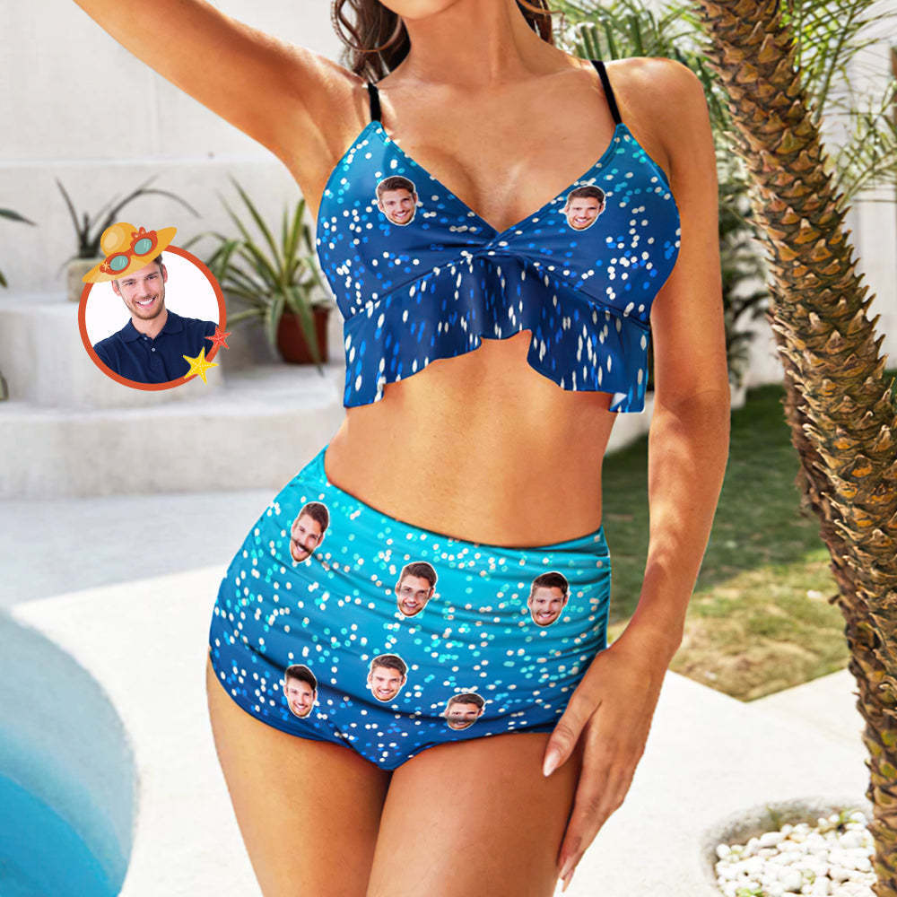 Custom Face Bikini Set Blue Dots Personalization Face Swimsuit