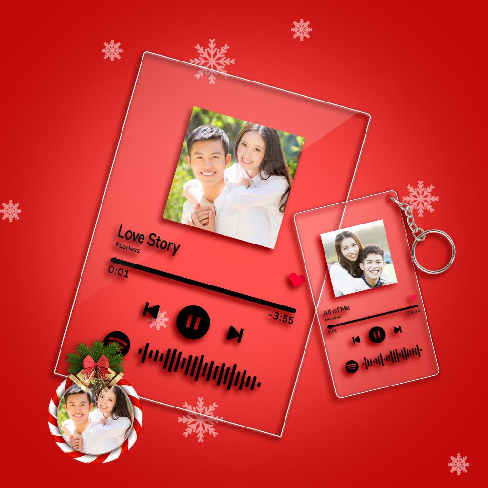 カスタムミュージックミュージックガラスプラークとキーホルダセット‐オンラインで自由にカスタマイズデザイン可スキャン可能なミュージックコード画像付き誕