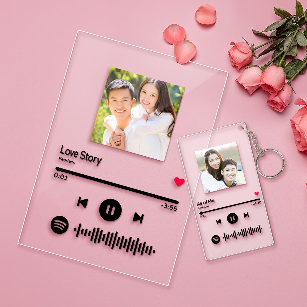 カスタムミュージックミュージックガラスプラークとキーホルダセット‐オンラインで自由にカスタマイズデザイン可　スキャン可能なミュージックコード画像付き