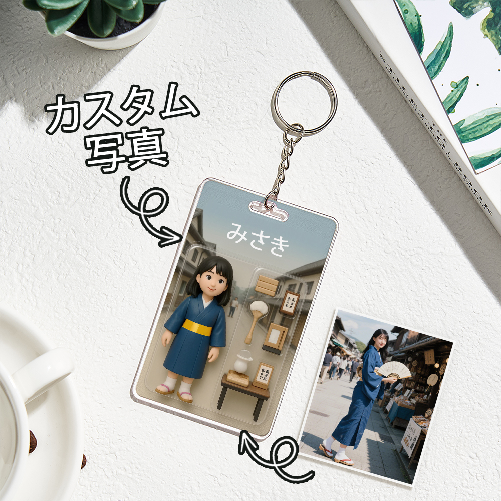 カスタム3d効果アクションフィギュアパックパッケージおもちゃ箱スタイルのアートギフトパーソナライズされたアクリルキーチェーンギフト母親への贈り物