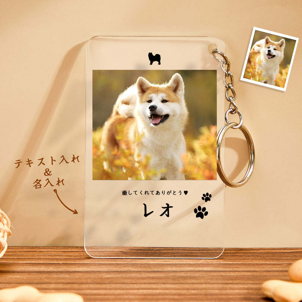 カスタムフォトアクリル製キーホルダ‐愛犬の写真と名前とメッセージ入れ可能なメモリーを込めったキーホルダー