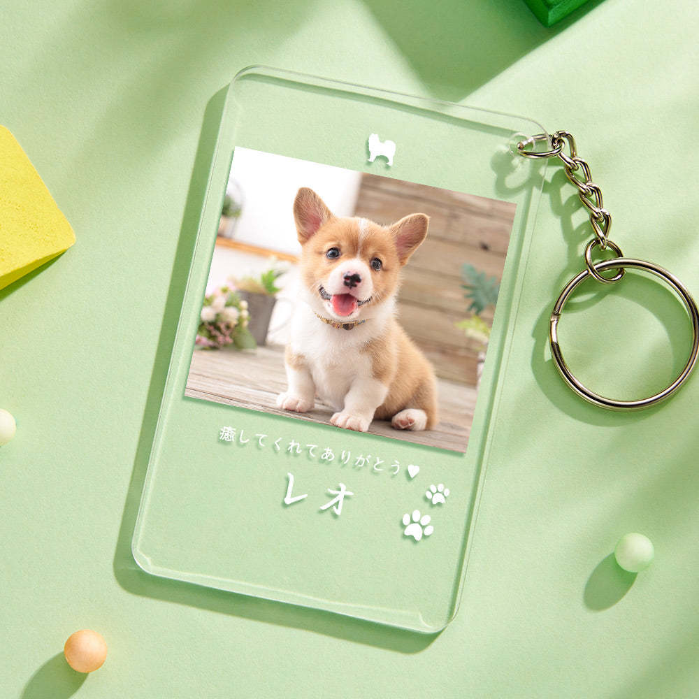 カスタムフォトアクリル製キーホルダ‐愛犬の写真と名前とメッセージ入れ可能なメモリーを込めったキーホルダー