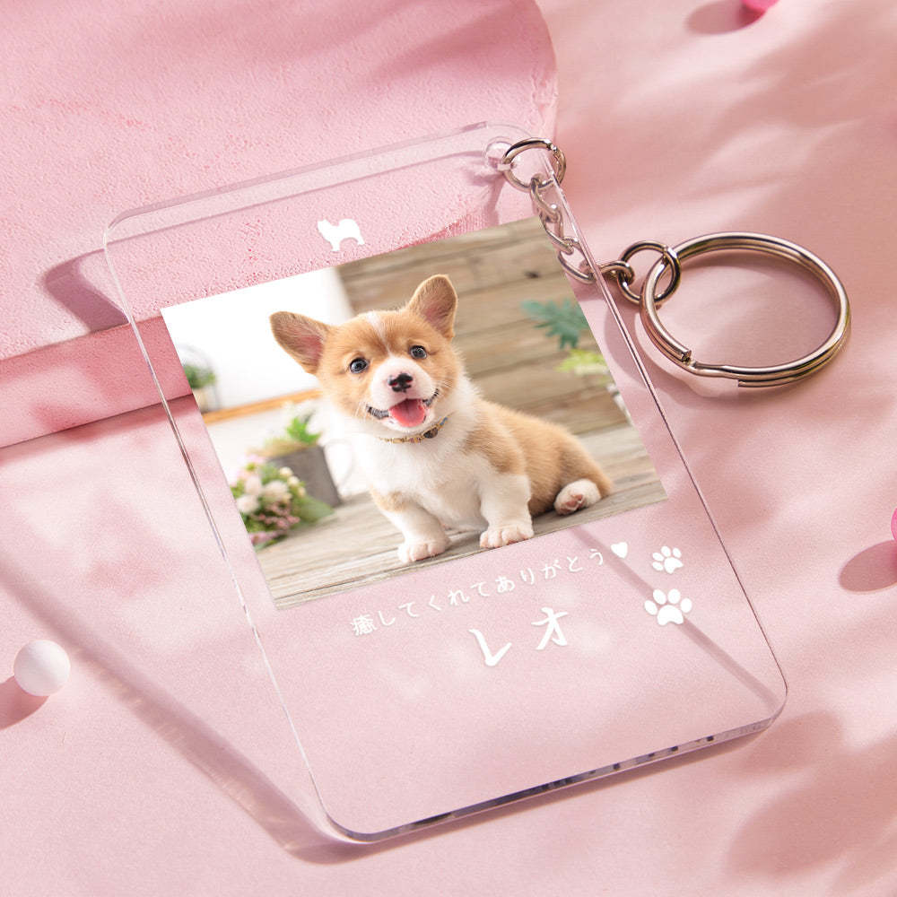 カスタムフォトアクリル製キーホルダ‐愛犬の写真と名前とメッセージ入れ可能なメモリーを込めったキーホルダー
