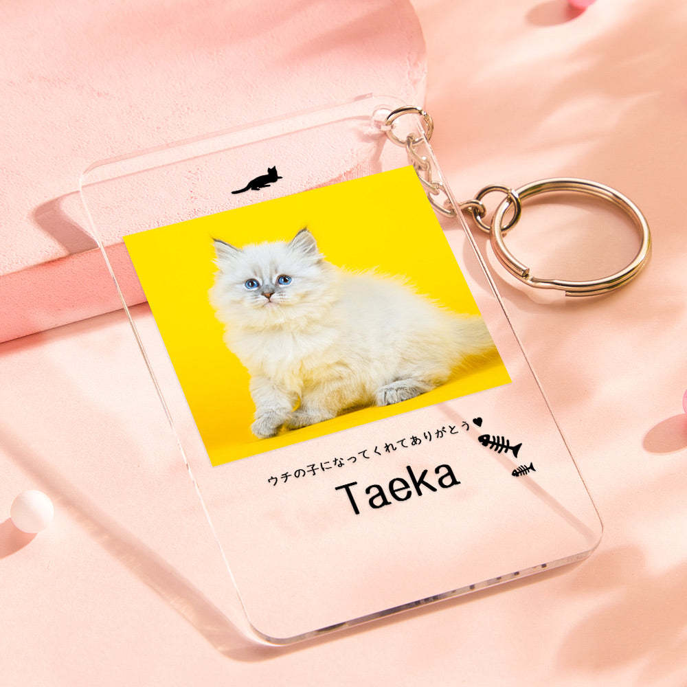 カスタムフォトアクリル製キーホルダ‐ネコの写真と名前とメッセージ入れ可能なメモリーを込めったキーホルダー-骨柄