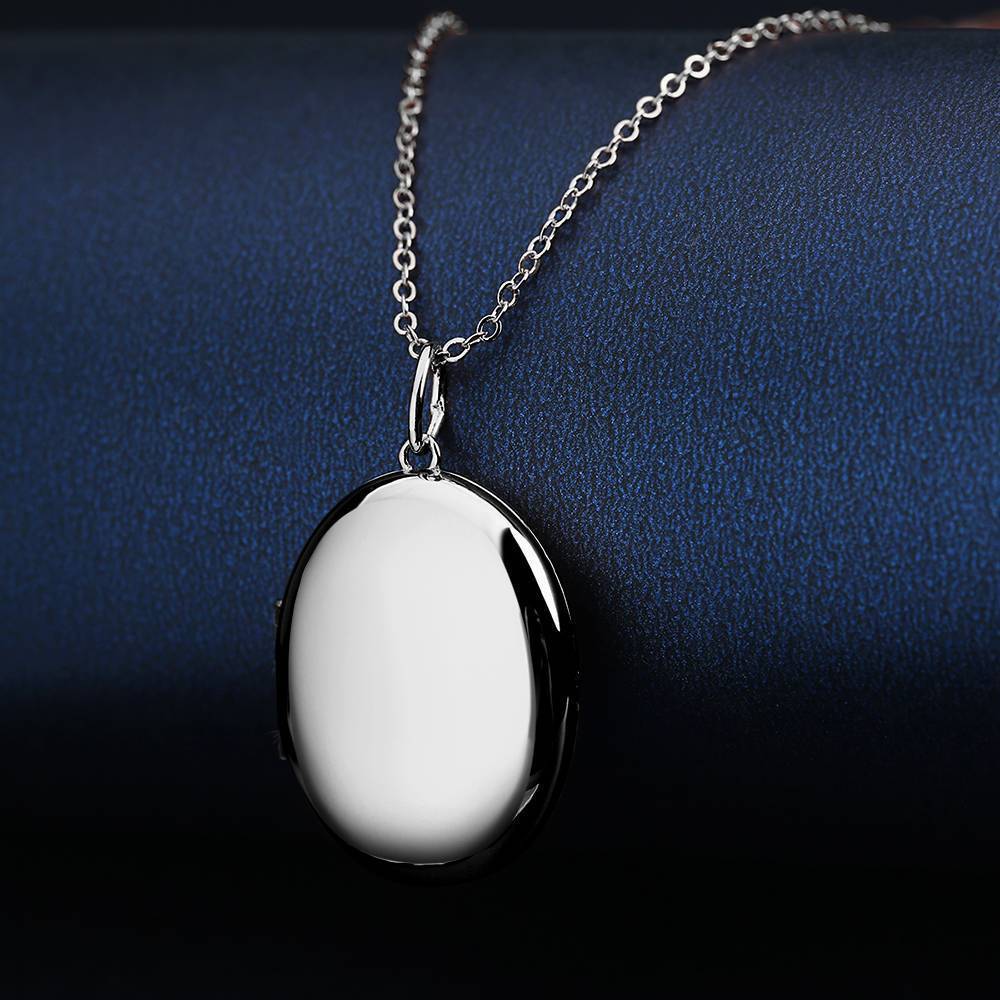 Oval Photo Locket Necklace With Engraving Platinum Plated