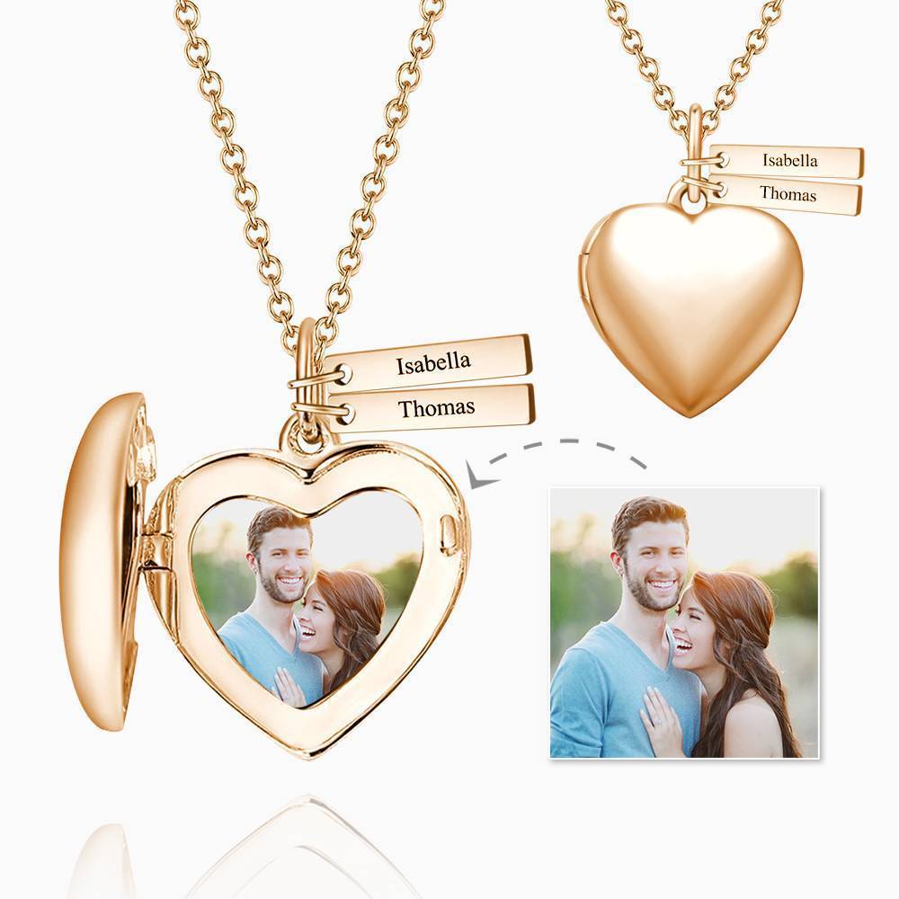 Personalized Heart Photo Locket Necklace With Engraving Name Rose Gold Plated