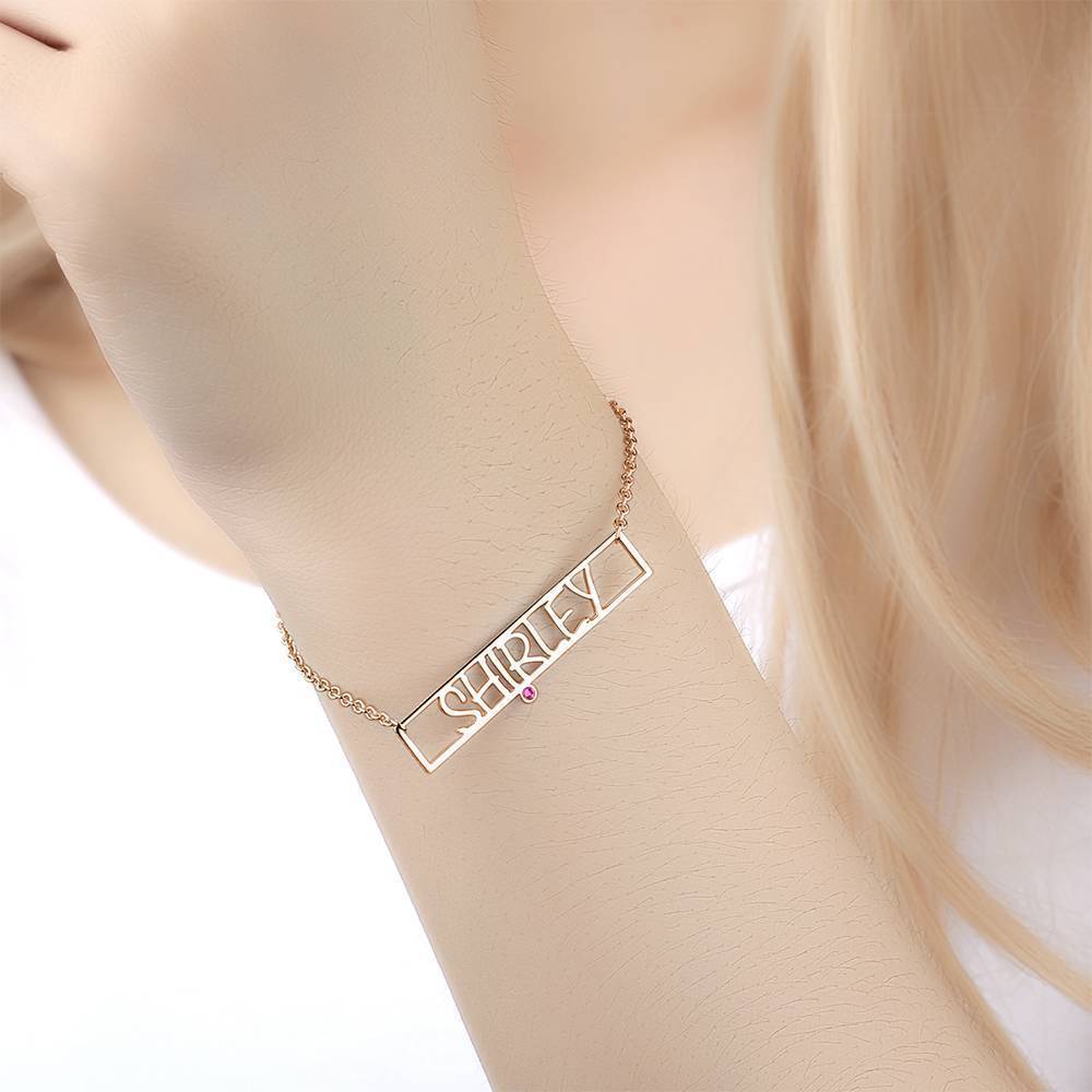 Hollow Carved Bar Name Bracelet with Custom Birthstone Rose Gold Plated