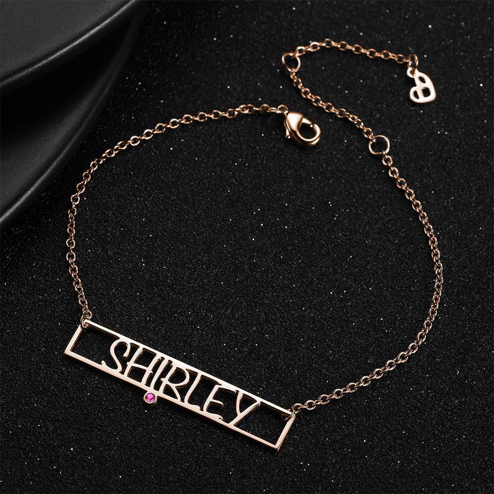 Hollow Carved Bar Name Bracelet with Custom Birthstone Rose Gold Plated