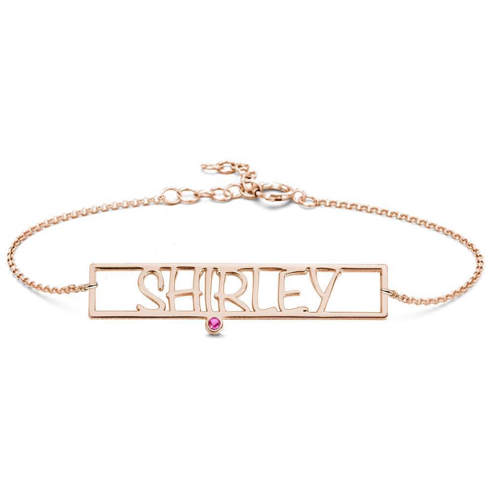Hollow Carved Bar Name Bracelet with Custom Birthstone Rose Gold Plated