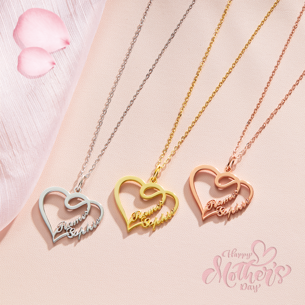 同性カップルプレゼント-オーバーラップハートツーネームネックレスK14ゴールドメッキ-名入れ自由なカスタマイズしたネックレス