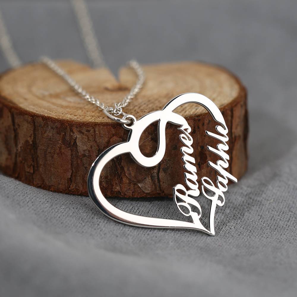 Overlapping Heart Two Name Necklace Silver