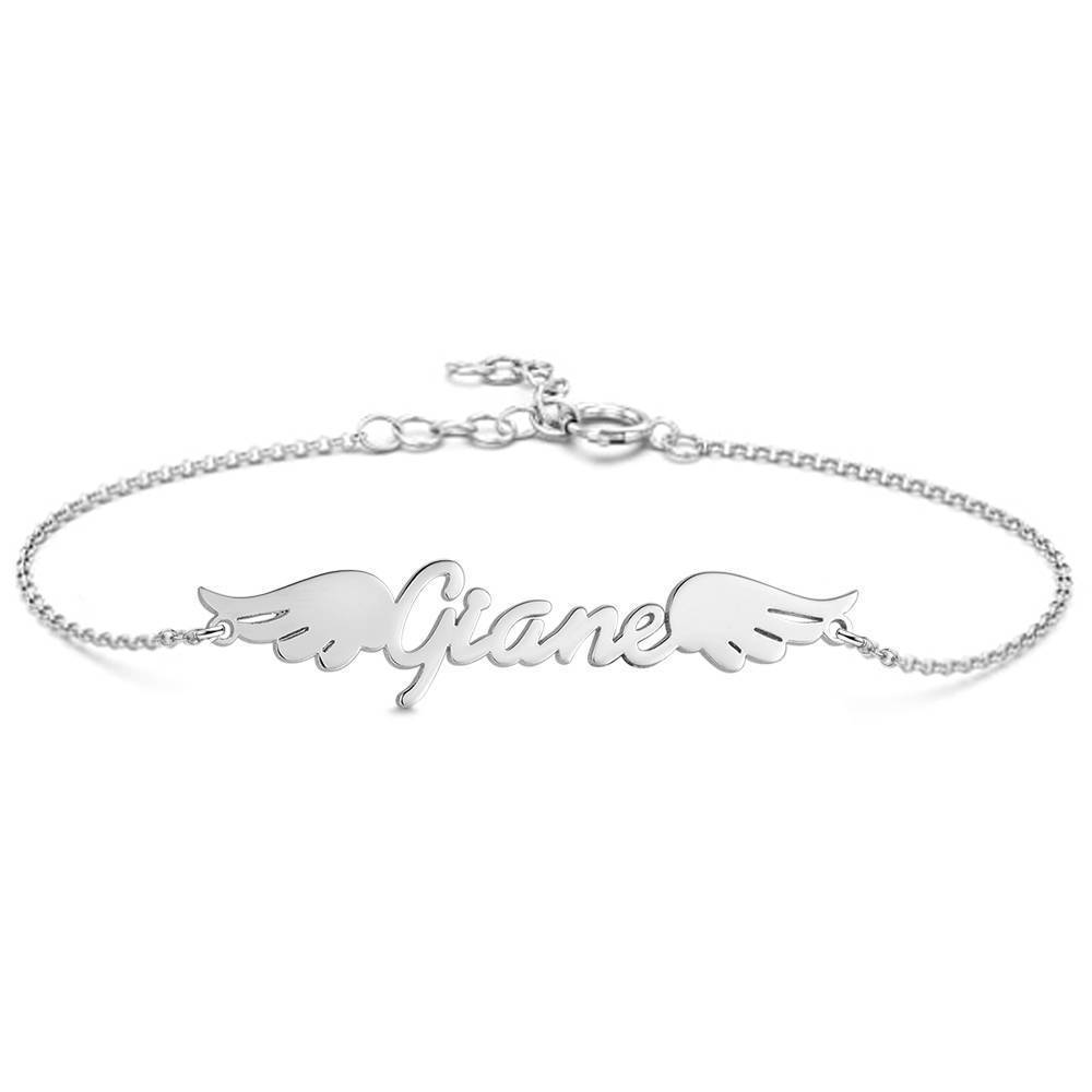 Personalized Angel Wings Name Bracelet Platinum Plated Silver