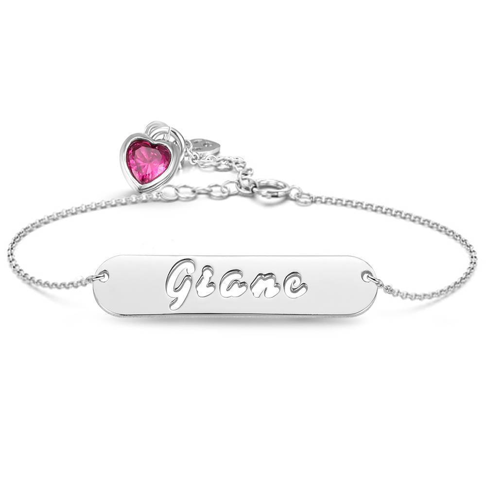 Hollow Carved Bar Name Bracelet with Heart-shaped Birthstone Silver Plated