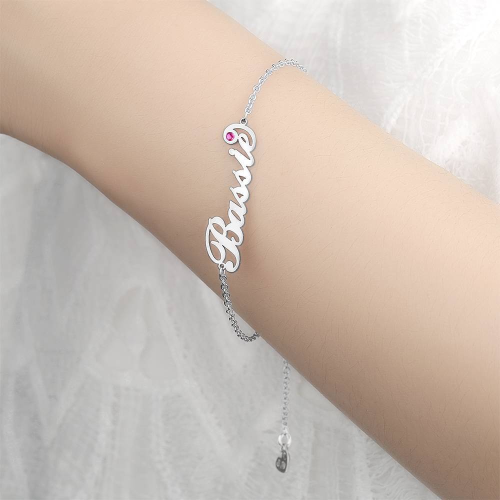 Personalized Birthday Gift Name Bracelet with Custom Birthstone Platinum Plated Silver