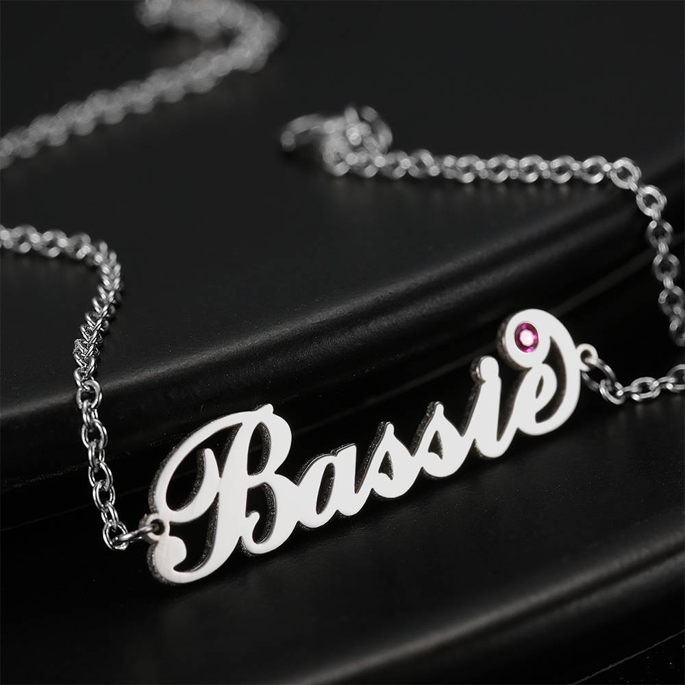 Personalized Birthday Gift Name Bracelet with Custom Birthstone Platinum Plated Silver