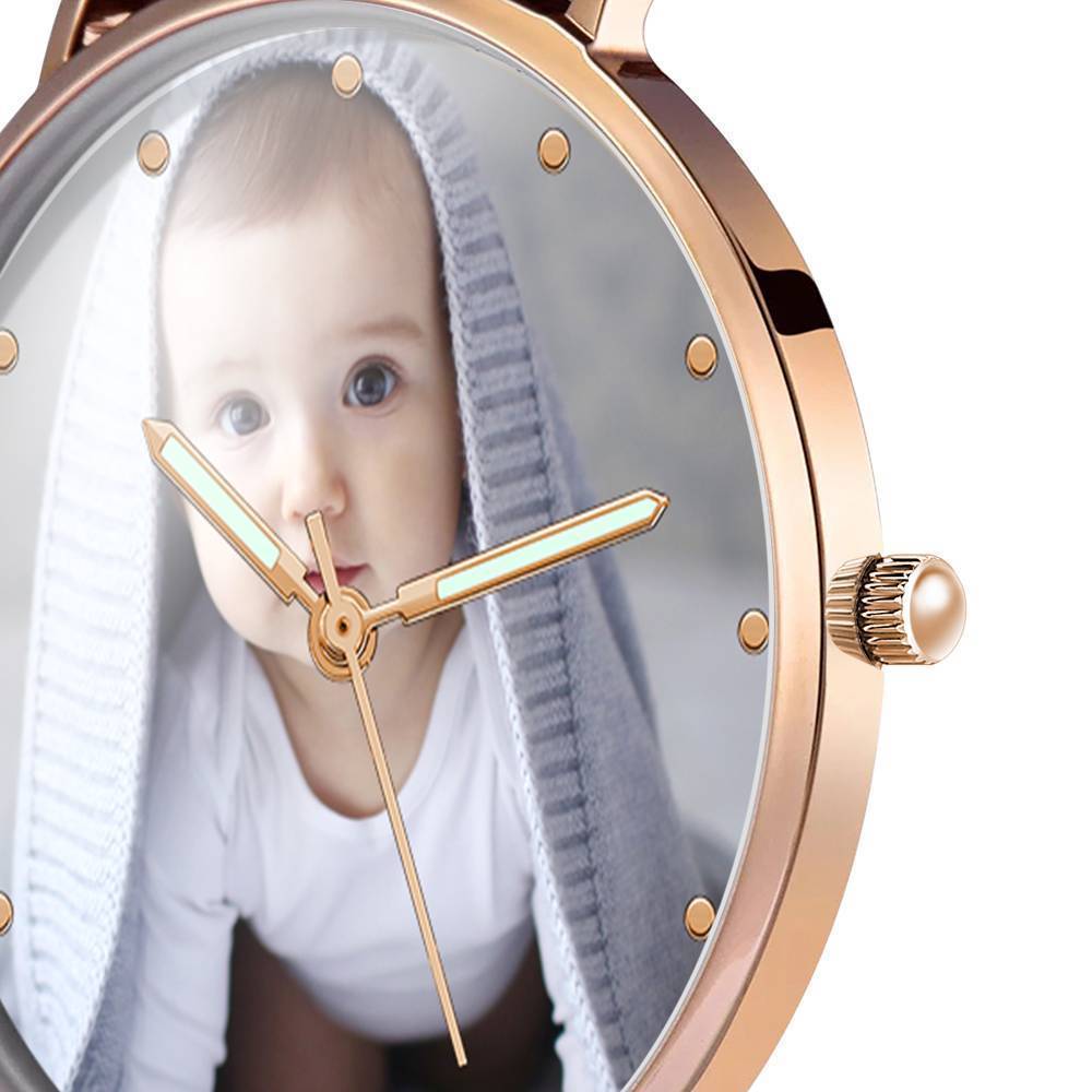 Engraved Photo Watch with Luminous Pointer Rose Gold Alloy Bracelet Photo Watch 40mm - Unisex