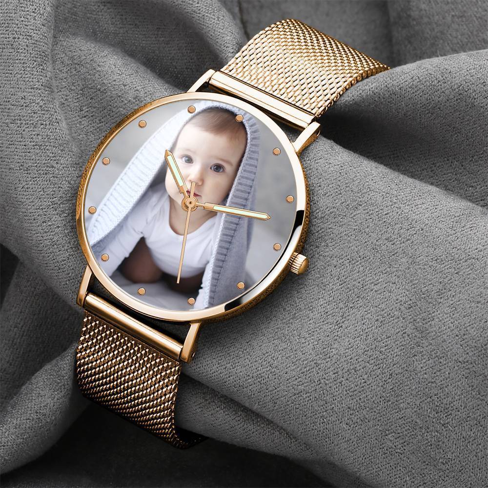 Engraved Photo Watch with Luminous Pointer Rose Gold Alloy Bracelet Photo Watch 40mm - Unisex
