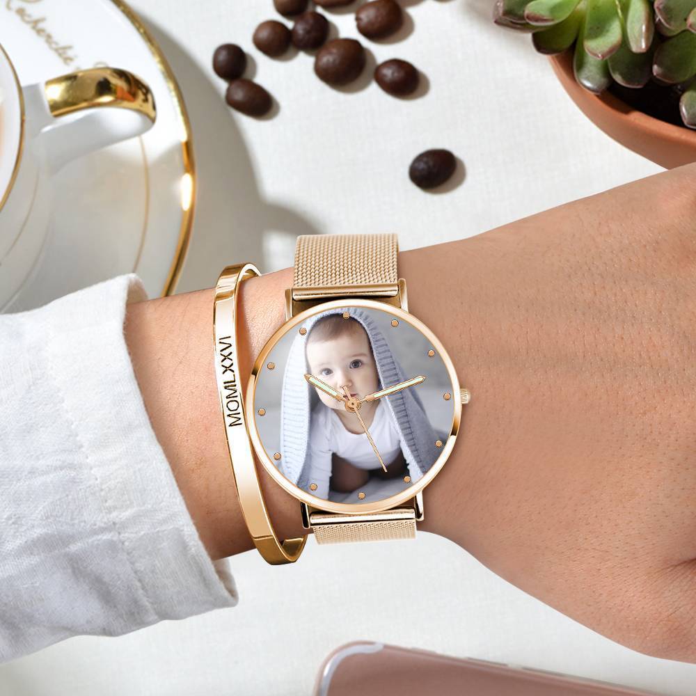 Engraved Photo Watch with Luminous Pointer Rose Gold Alloy Bracelet Photo Watch 40mm - Unisex