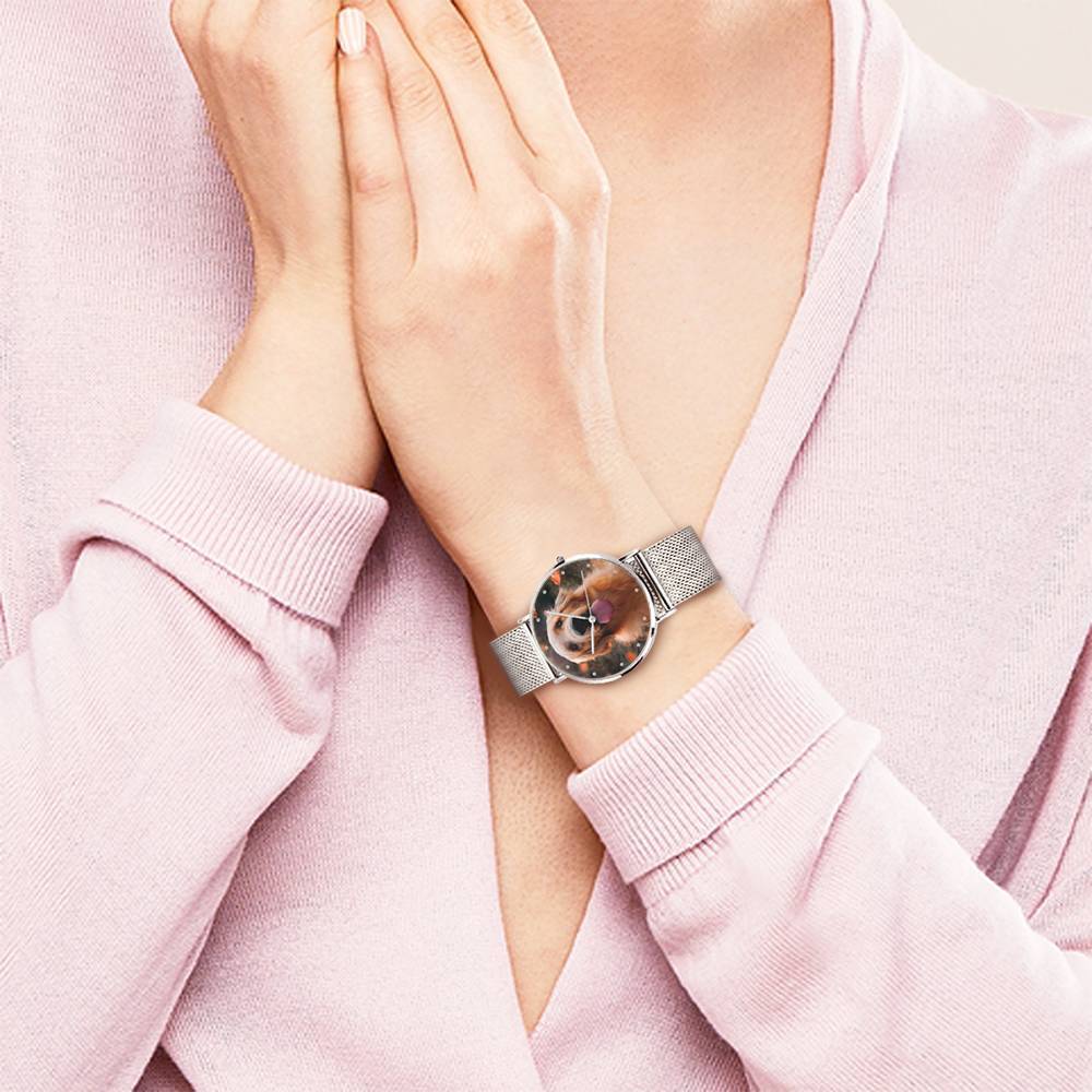 Engraved Photo Watch Alloy Bracelet Strap Silver 36mm - Women's