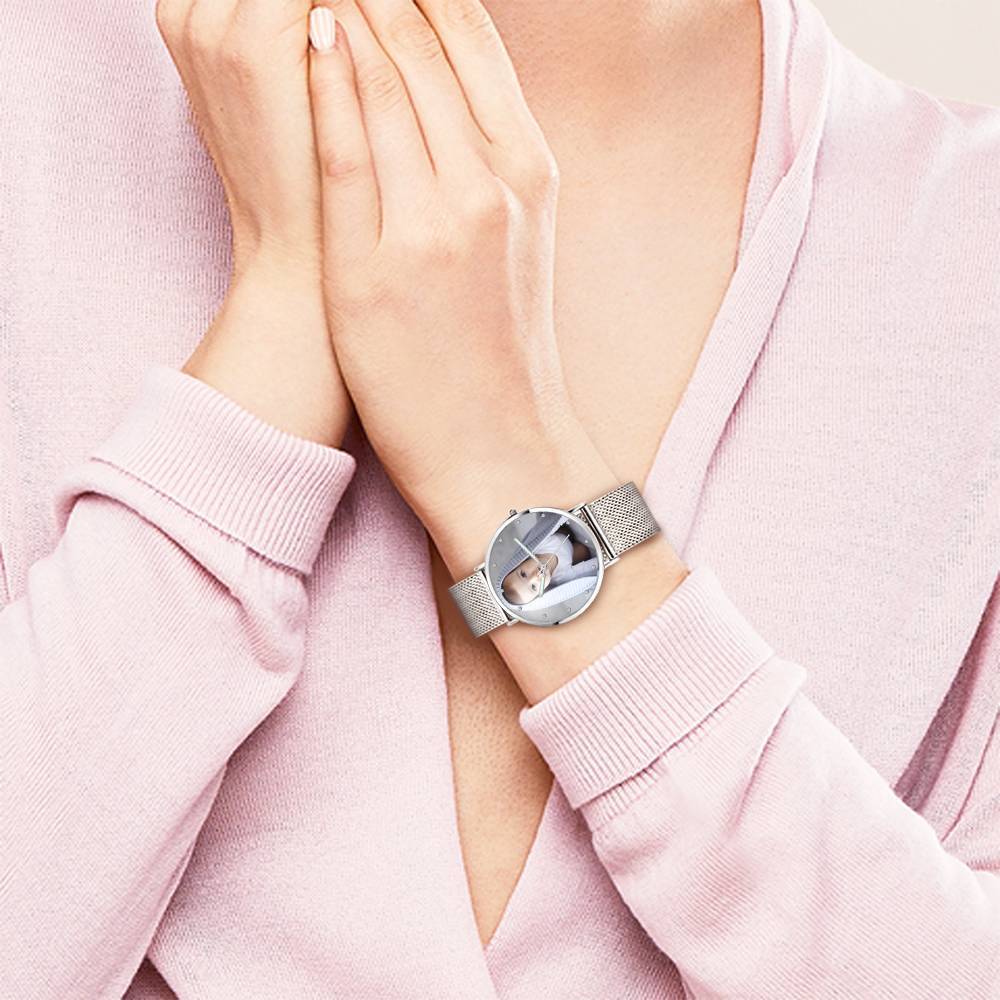 Engraved Photo Watch with Luminous Pointer Alloy Bracelet Photo Watch 36mm - Women's