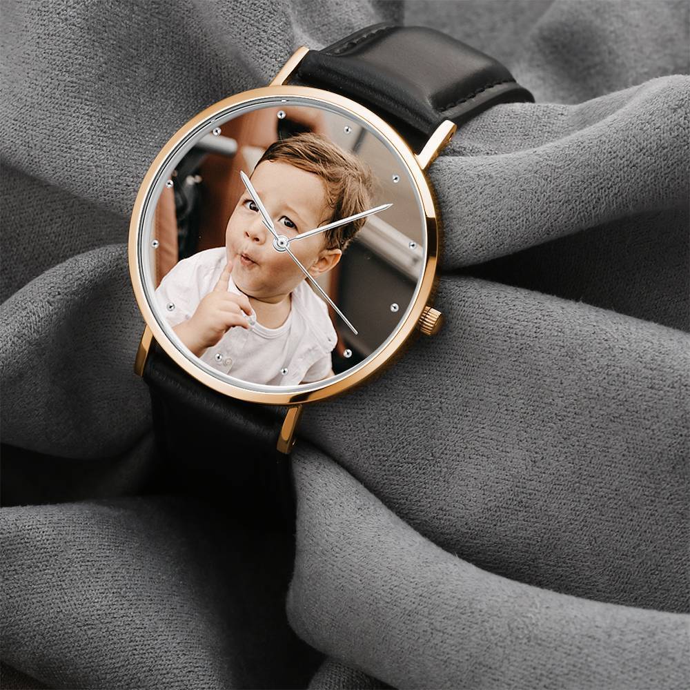 Engraved Photo Watch, Keepsake Gift Black Leather Strap 40mm - Unisex