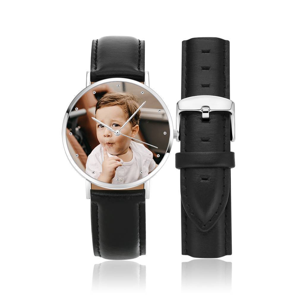 Engraved Photo Watch, Keepsake Gift Black Leather Strap 40mm - Unisex