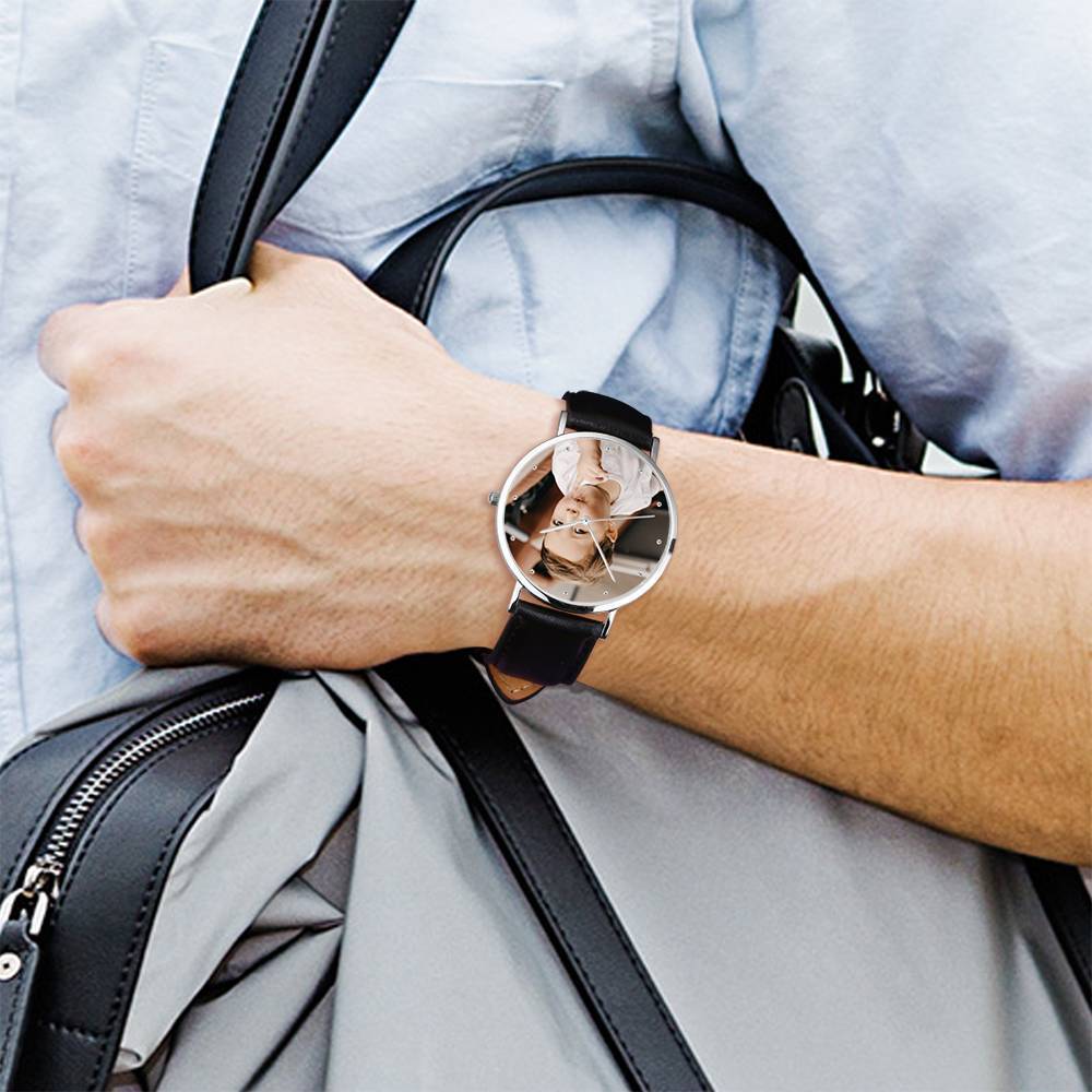 Engraved Photo Watch, Keepsake Gift Black Leather Strap 40mm - Unisex