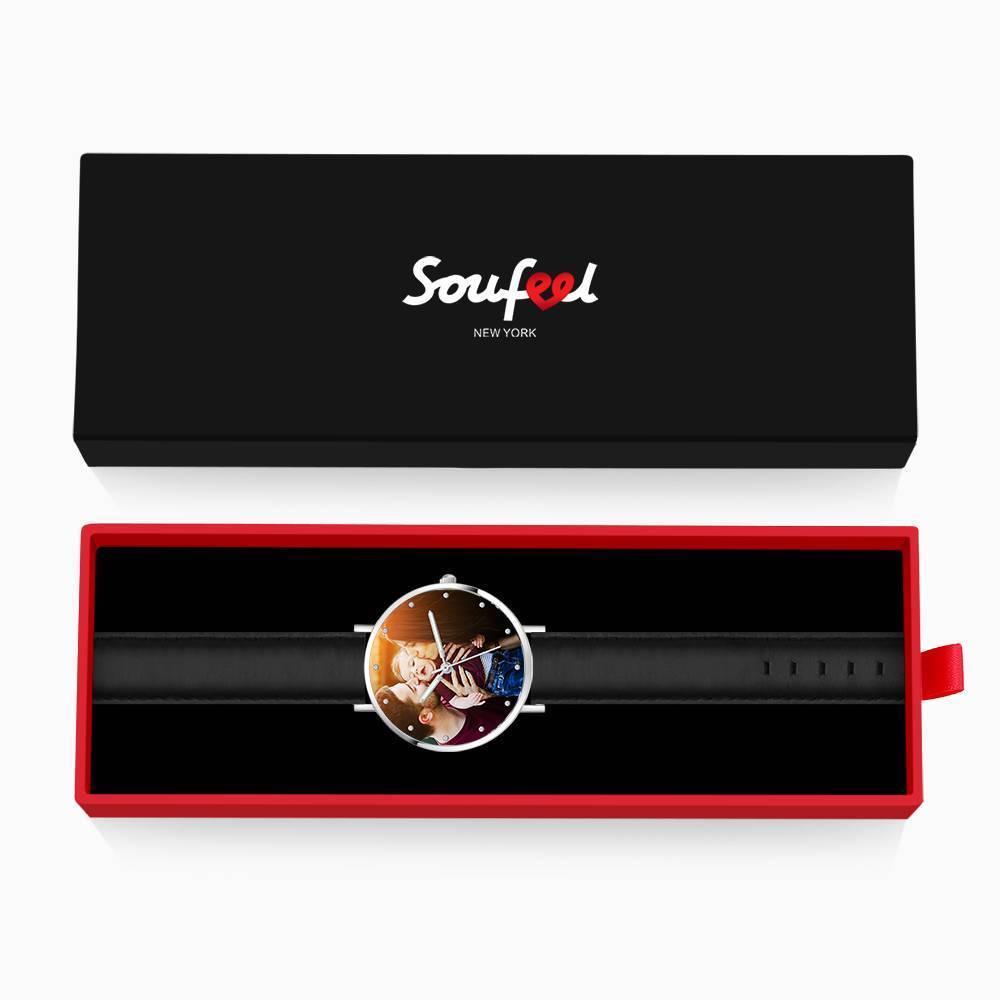 父の日の贈り物フォトウォッチ-パーソナライズされた刻印時計ブラックストラップファミリー