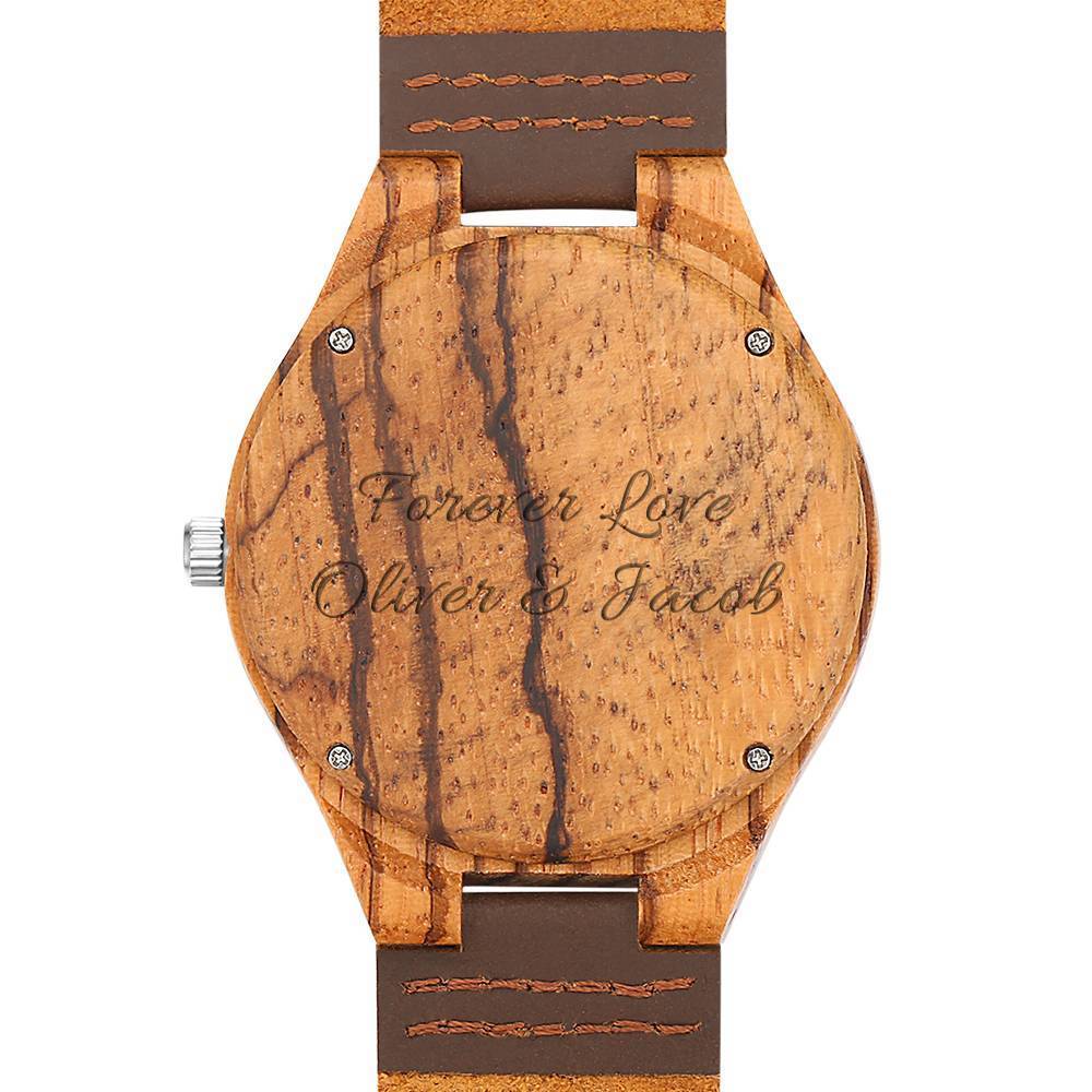 Men's Engraved Wooden Photo Watch Brown Leather Strap 45mm