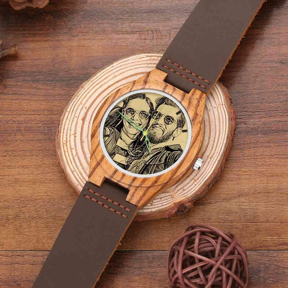 Men's Engraved Wooden Photo Watch Brown Leather Strap 45mm