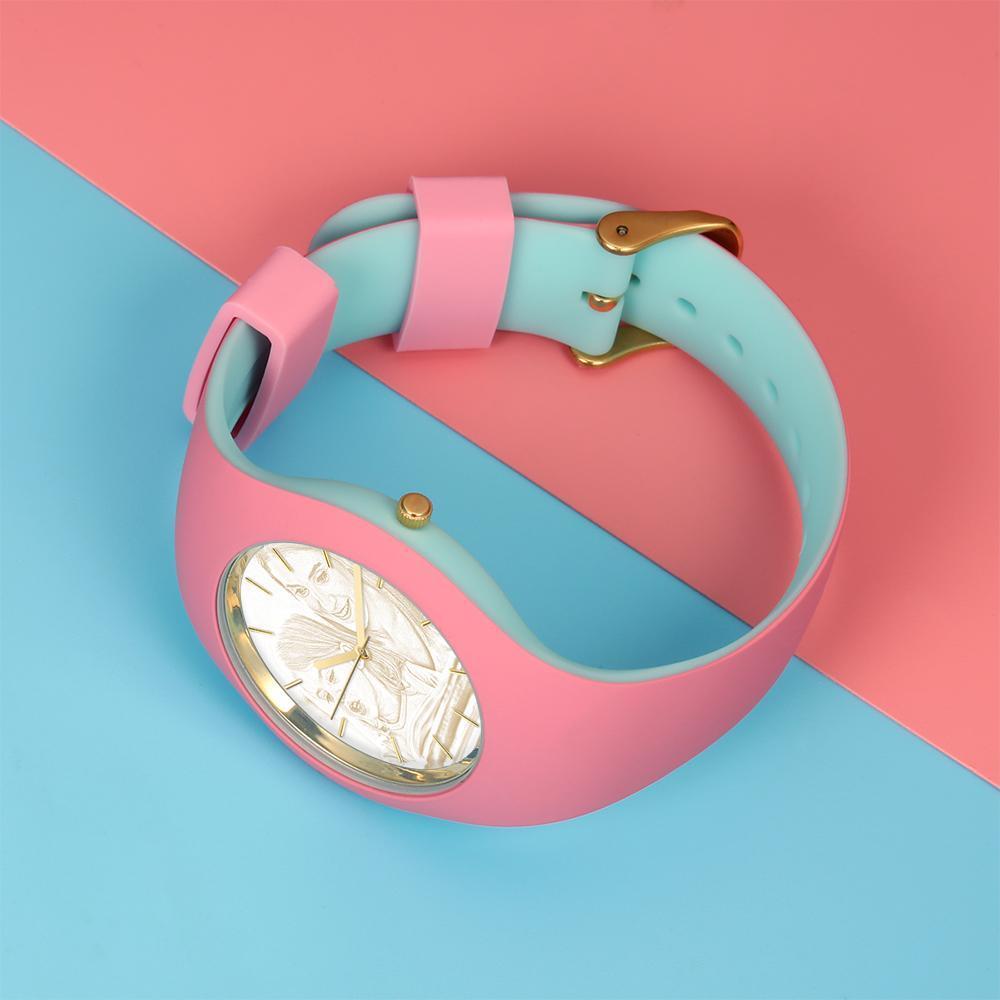 Unisex Silicone Engraved Photo Watch Unisex Engraved Photo Watch  41mm  Pink and Blue Strap - Golden
