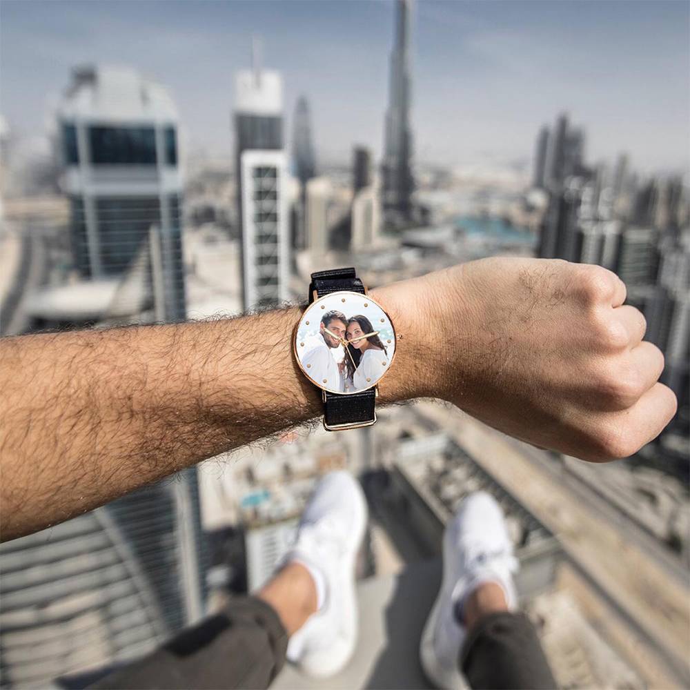 Engraved Watch, Photo Watch with Luminous Pointer Black Strap - Men's