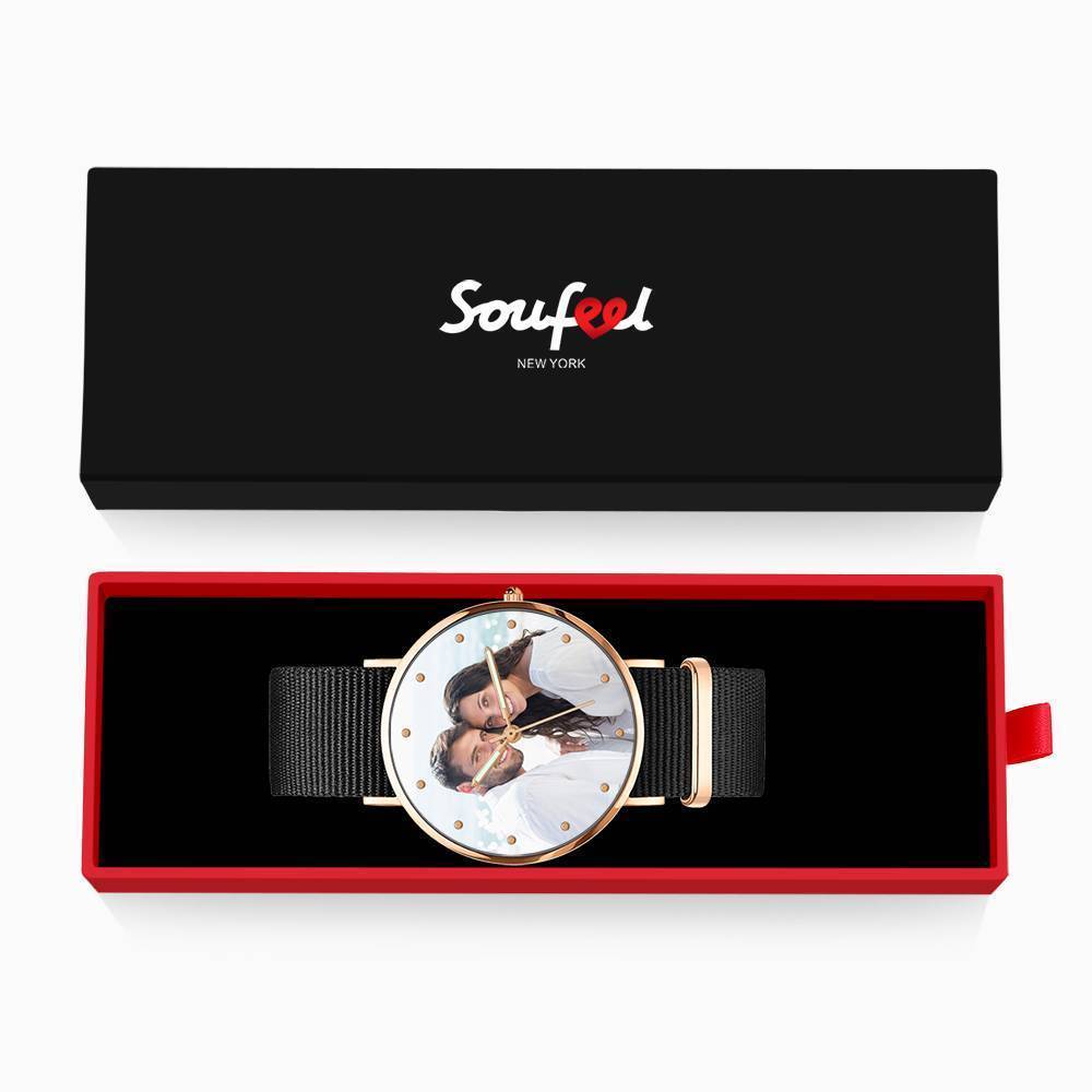 Engraved Watch, Photo Watch with Luminous Pointer Black Strap - Men's
