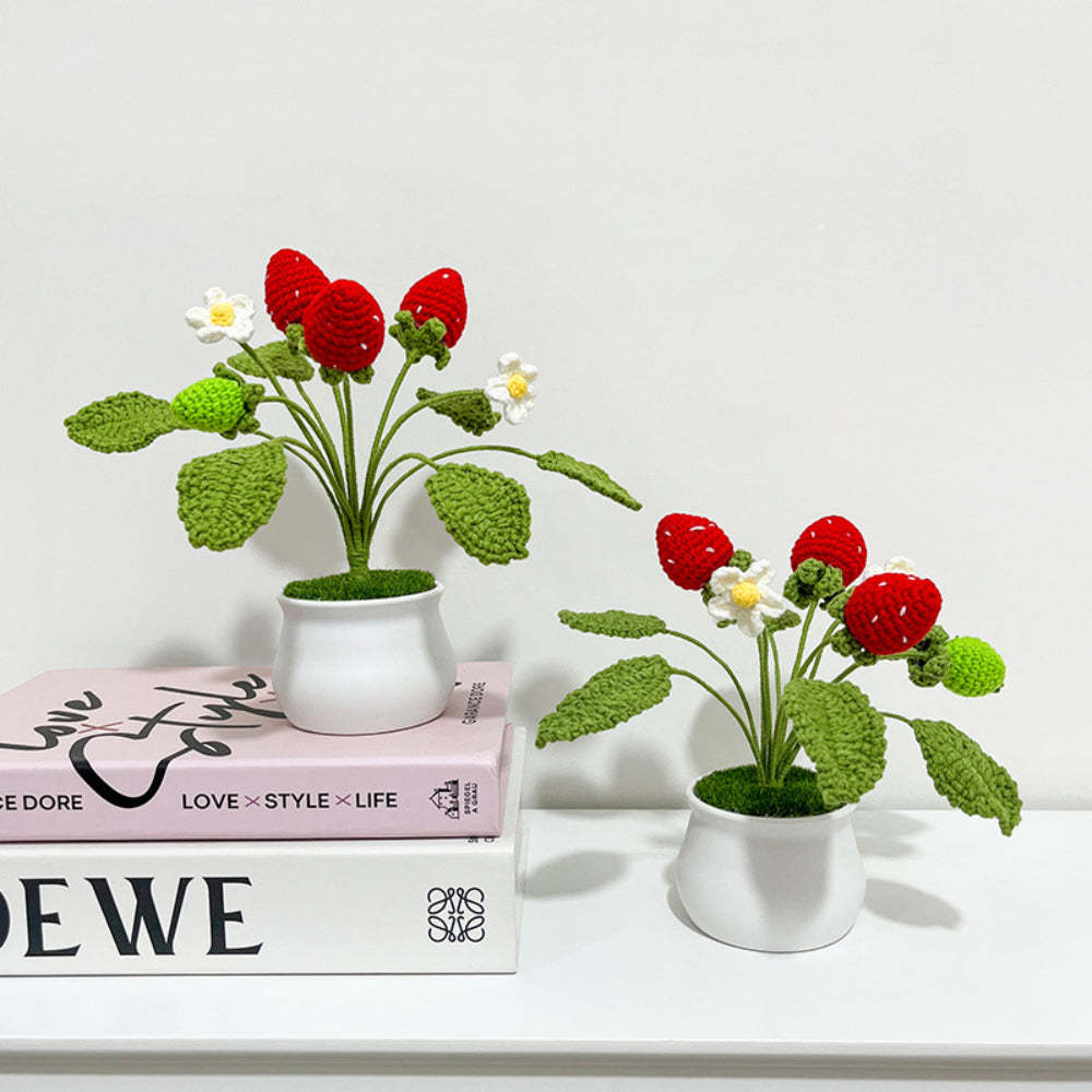 イチゴとみかんの鉢植え手編み鉢植え手仕事好きの方へのプレゼント