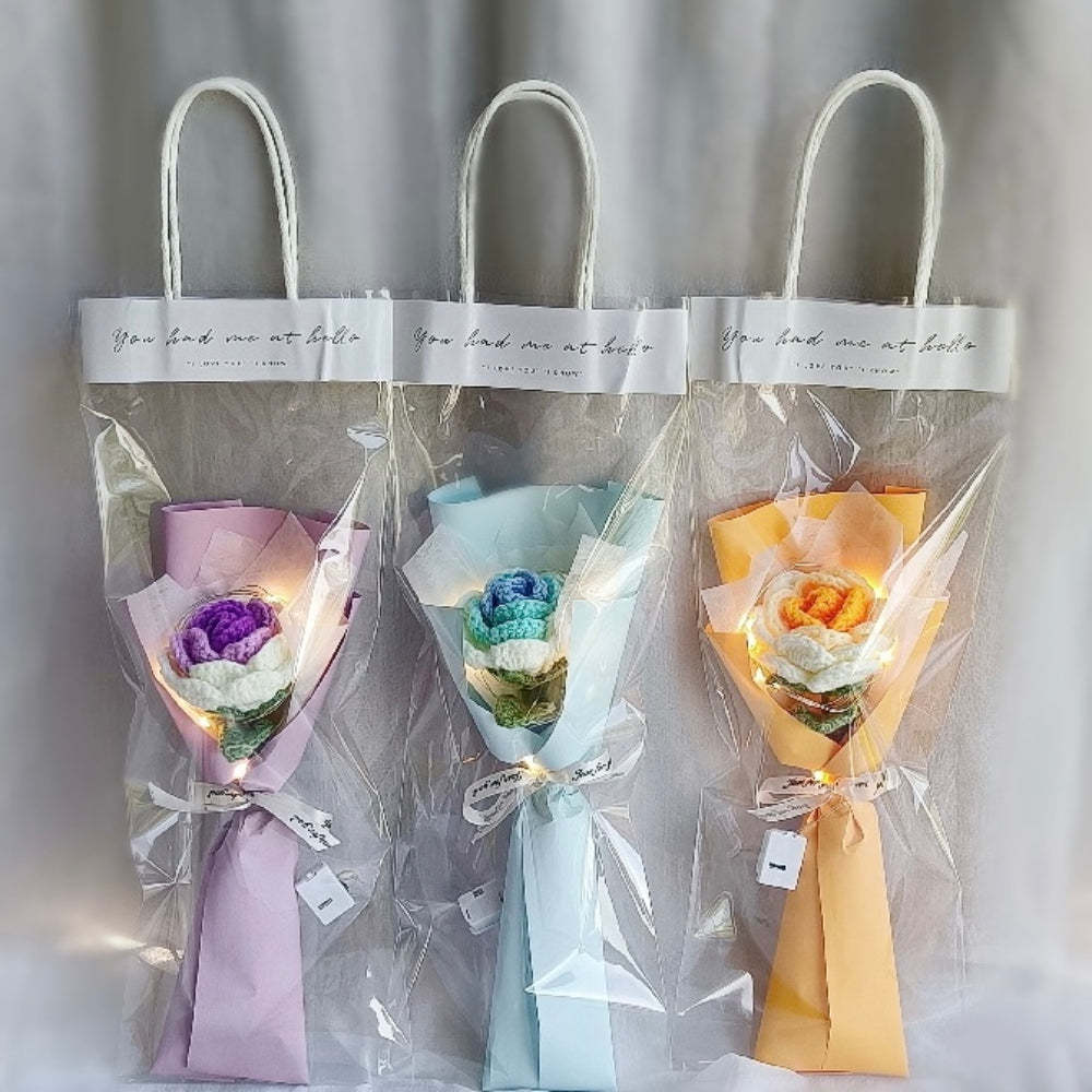 かぎ編み花1本手編みのリボン付き花恋人へのプレゼント