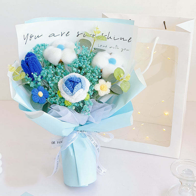 かぎ針編みの花束手作り編みのバラ-コットンとチューリップの花束-彼女への卒業祝いプレゼント