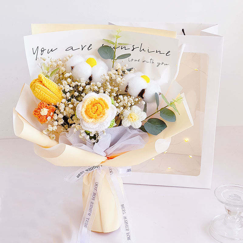 かぎ針編みの花束手作り編みのバラ-コットンとチューリップの花束-彼女への卒業祝いプレゼント