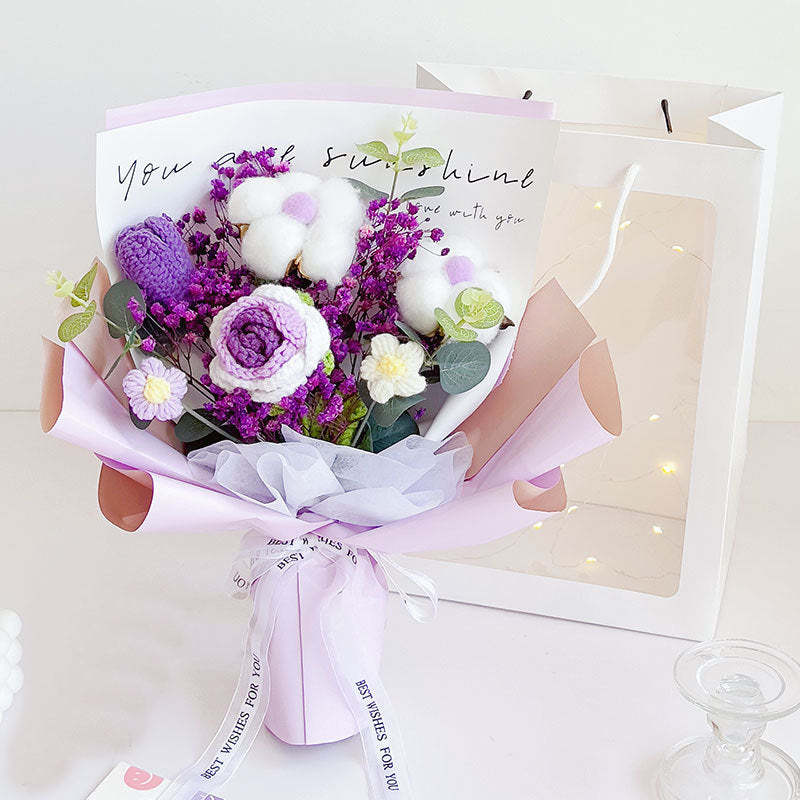 かぎ針編みの花束手作り編みのバラ-コットンとチューリップの花束-彼女への卒業祝いプレゼント