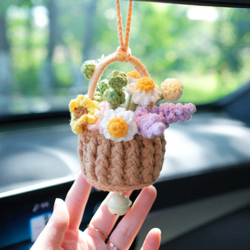 かわいい編み花のバスケットのフック編み植物の車の鏡のストラップ