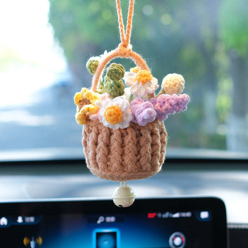 かわいい編み花のバスケットのフック編み植物の車の鏡のストラップ