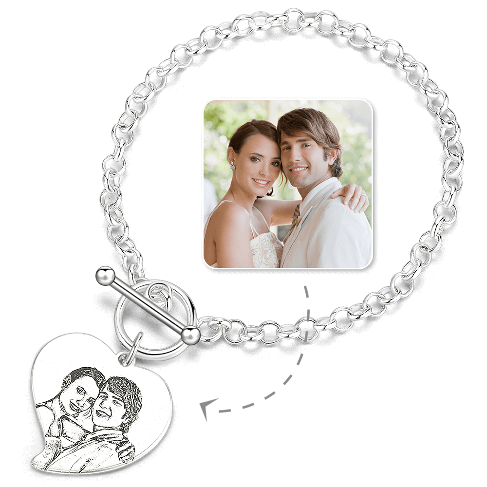 Women's Heart Photo Engraved Tag Bracelet With Engraving Silver