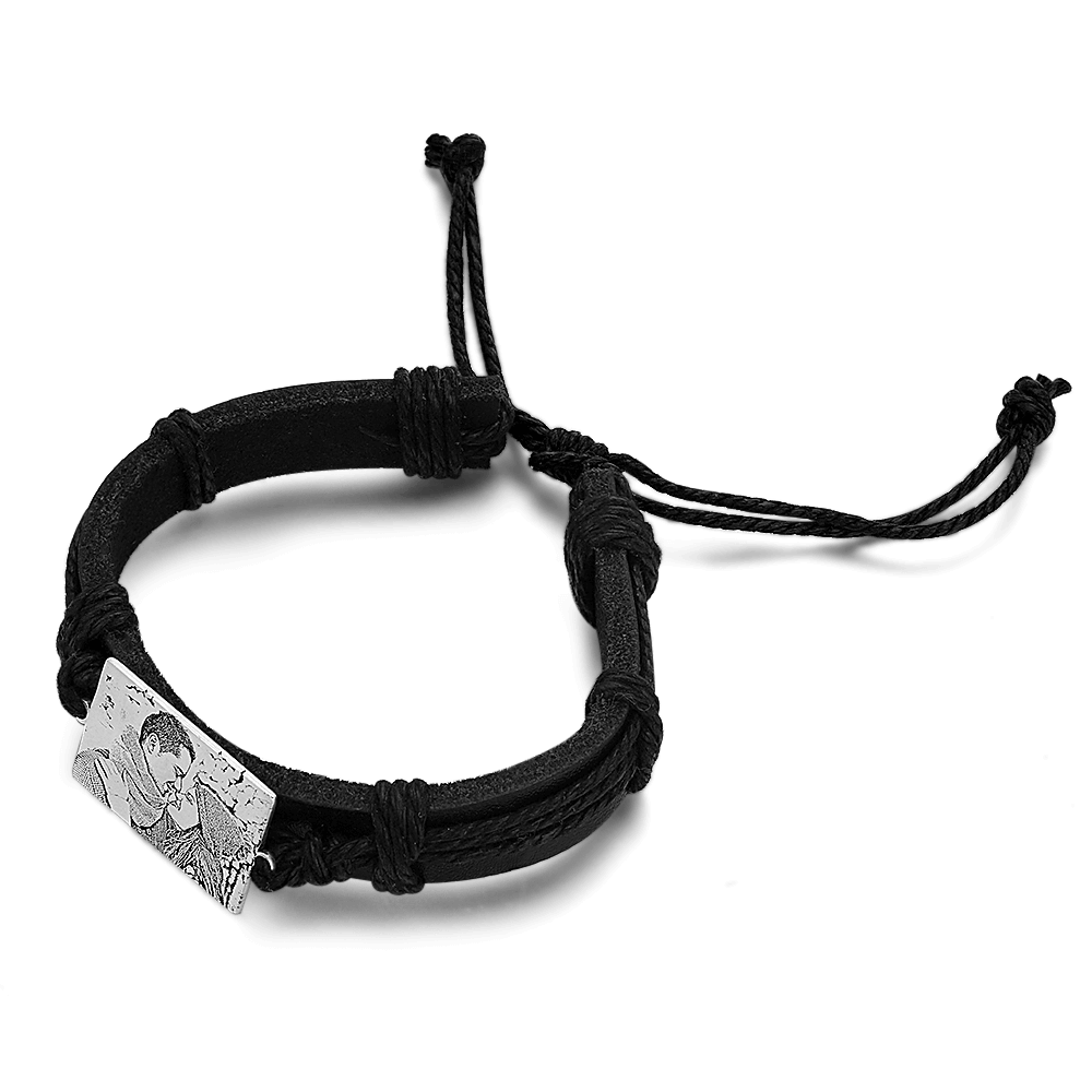 Men's Rectangle Photo Engraved Tag Bracelet Black Leather Strap