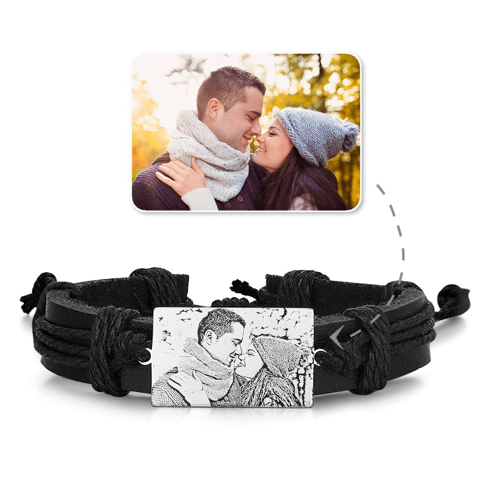 Men's Rectangle Photo Engraved Tag Bracelet Black Leather Strap
