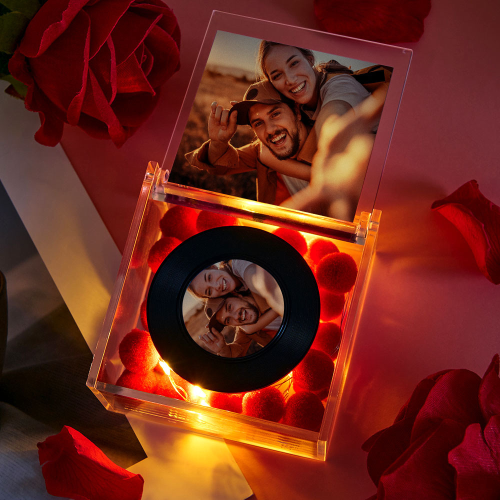 ミニ音楽レコードプレーヤーカスタム写真光パーソナライズ音楽アクリルボックス付き