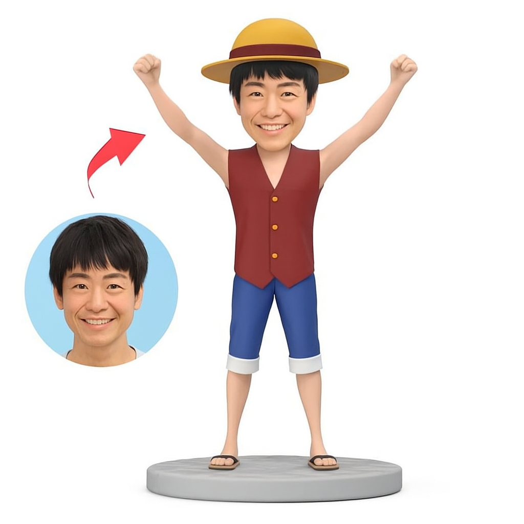 赤いシャツを着て帽子をかぶった男性.刻印入りのカスタムボブルヘッドギフト